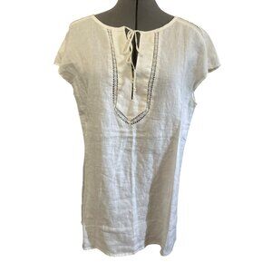 Ellen Tracy Womens Ivory Crochet Trim Cap Sleeve Tunic Top Linen Size Medium